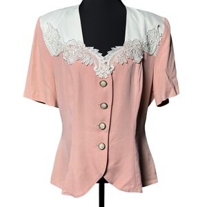 Vintage Perceptions 90s Demure Lace Button Blouse Women 12 Elegant Career Chic